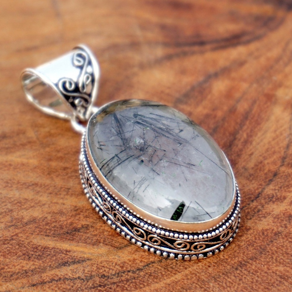 Statement Natural Black Rutile Quartz 925 Sterling Silver Plated Pendant